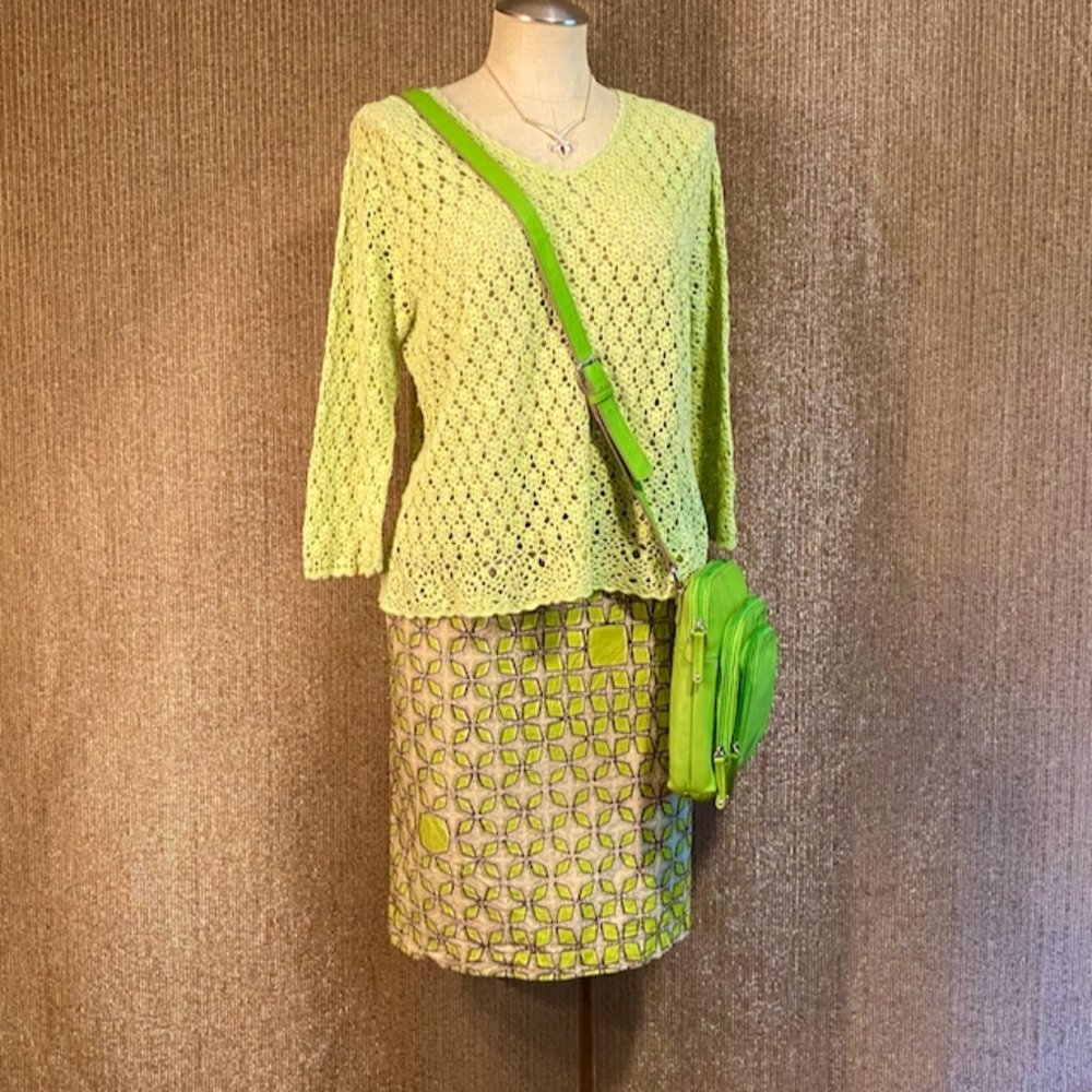 Lime Green Cropped Crotchet V-Neck Summer Cotton Sweater, M